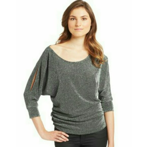 Velvet by Graham & Spencer Silver Metallic Sparkly Dolman Split Sleeve Top - Picture 1 of 15